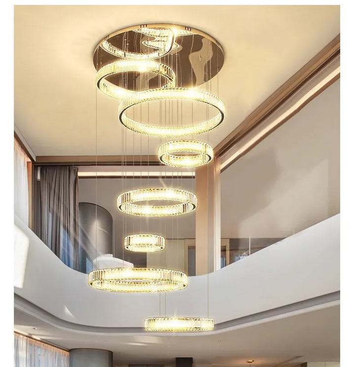 Moon 7-Ring modern crystal chandelier featuring layered circular design with sparkling crystal accents