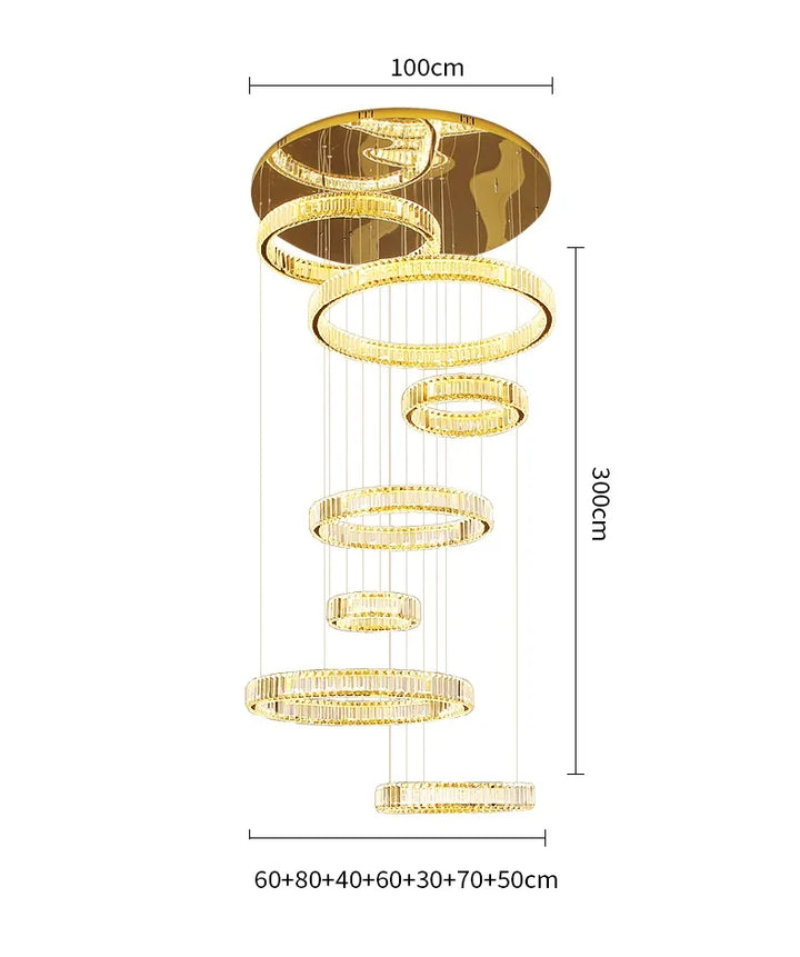 Front view of Moon 7-Ring modern crystal chandelier in gold finish with visible dimensions and layered circular design