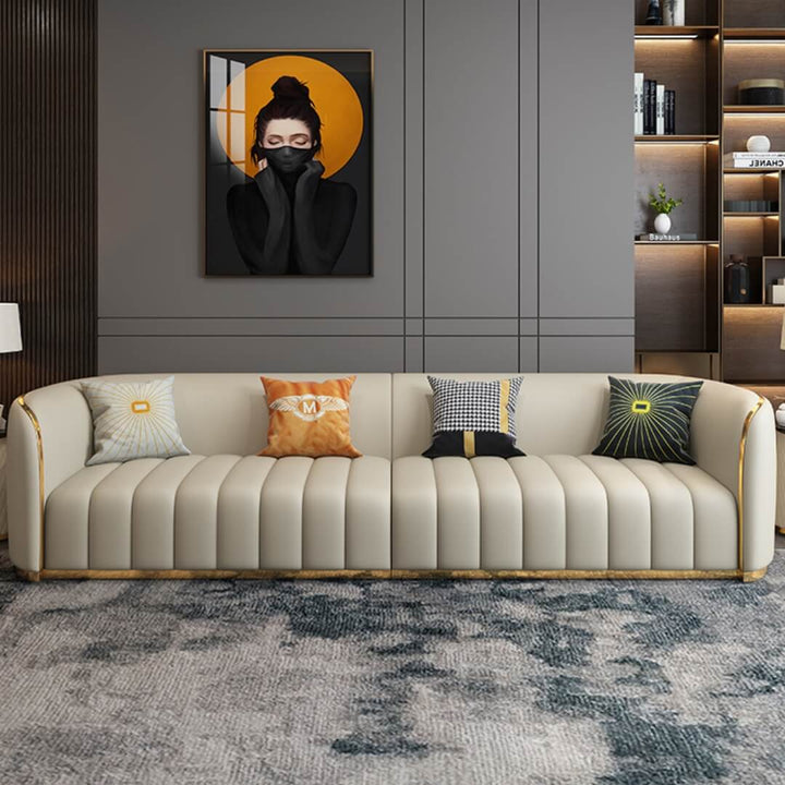 Front view of Napoleon leather sofa in elegant interior, showcasing classic design and leather texture