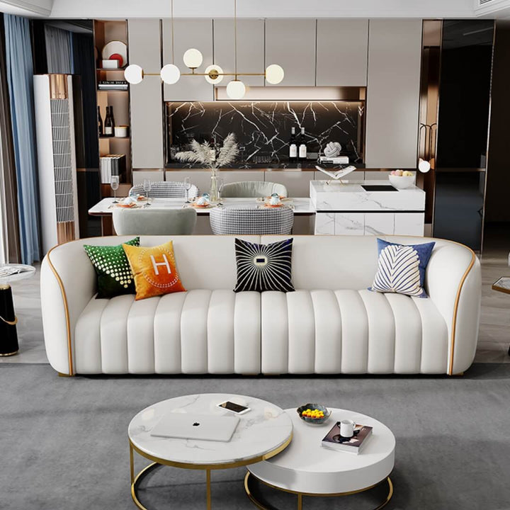 Front view of elegant Napoleon leather sofa, perfect for luxurious and modern interior decor