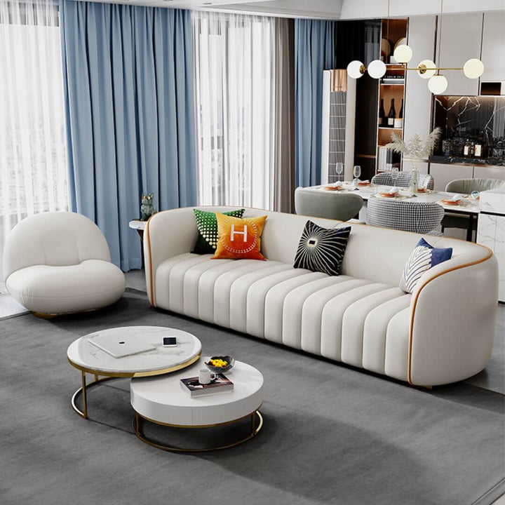 Elegant Napoleon leather sofa angled view in stylish living room interior setting