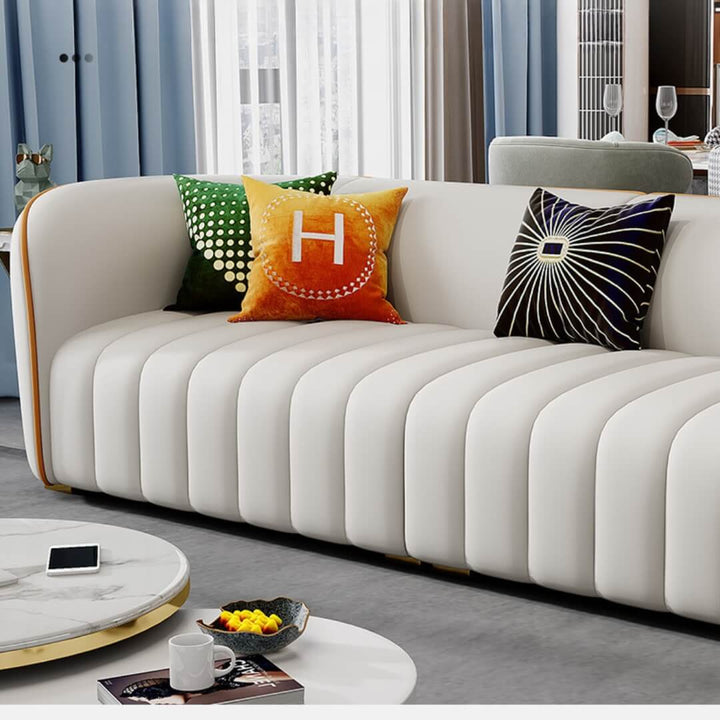 Close-up right angle view of elegant Napoleon leather sofa in modern interior setting