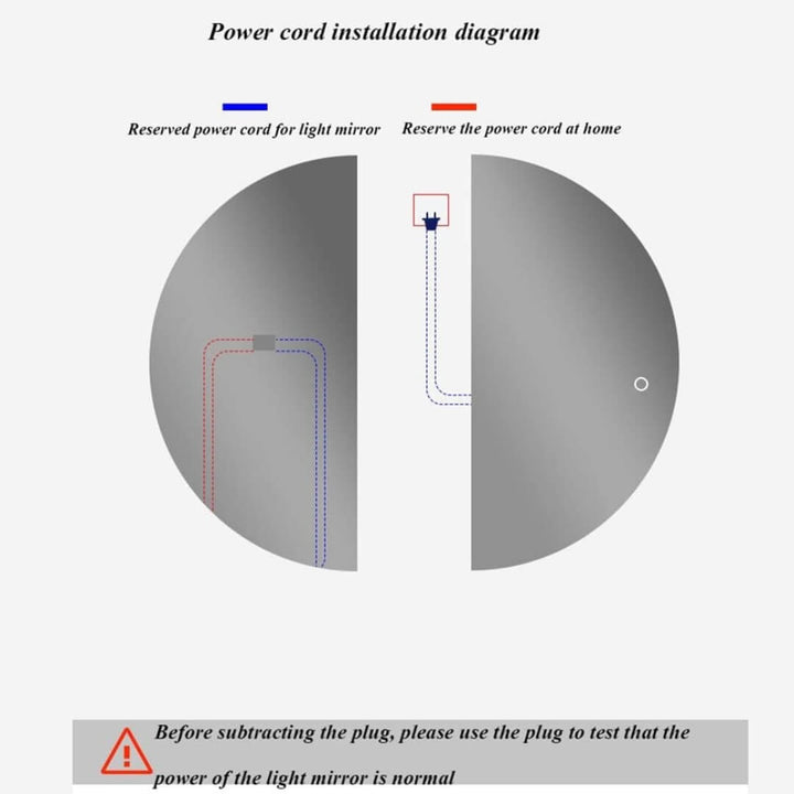 Power cord installation diagram for NEW 2401 Eclipse Home 80CM half-circle light mirror, illustrating reserved power cord setup and plug testing instructions