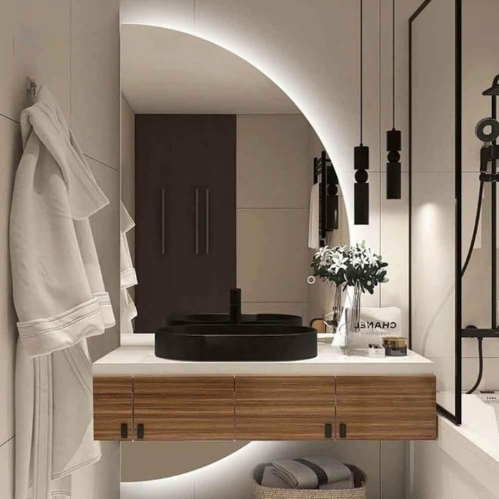 NEW 2401 Eclipse Home 80CM half-circle mirror featuring modern minimalist design with integrated lighting, perfect for contemporary interiors