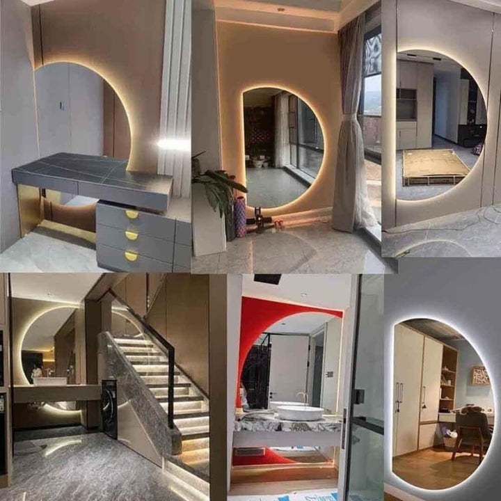 EW 2401 Eclipse Home 80CM half-circle mirror displayed from six different angles, showcasing its sleek frame and integrated lighting design
