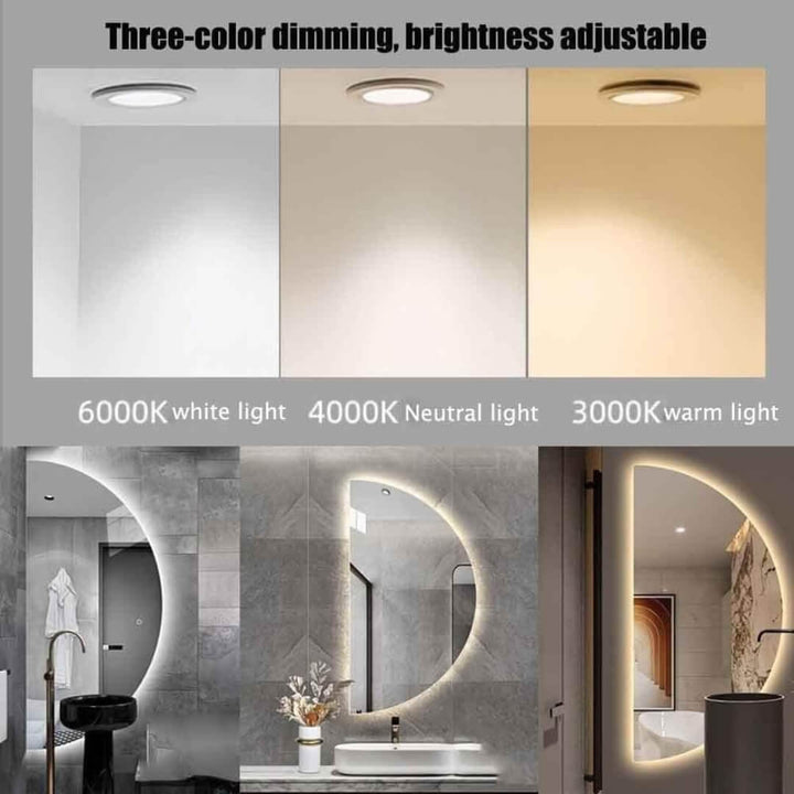 NEW 2401 Eclipse Home 80CM half-circle mirror with three-place view, featuring three-color dimming and adjustable brightness: 6000K white light, 4000K neutral light, and 3000K warm light