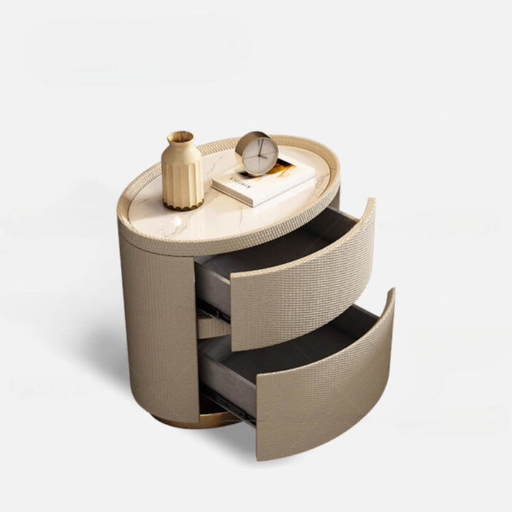 Nightfall Nook custom-made bedside table with drawer open, showing spacious storage and sleek design