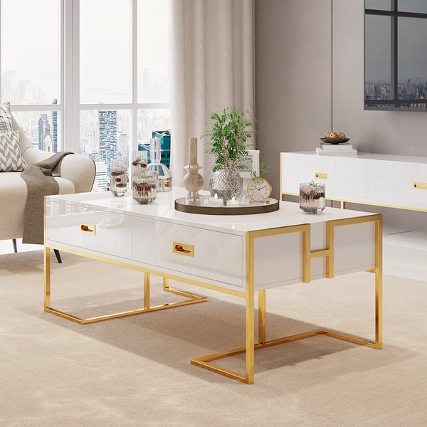 Side view of Nikki white coffee table, featuring sleek modern design with built-in storage drawer