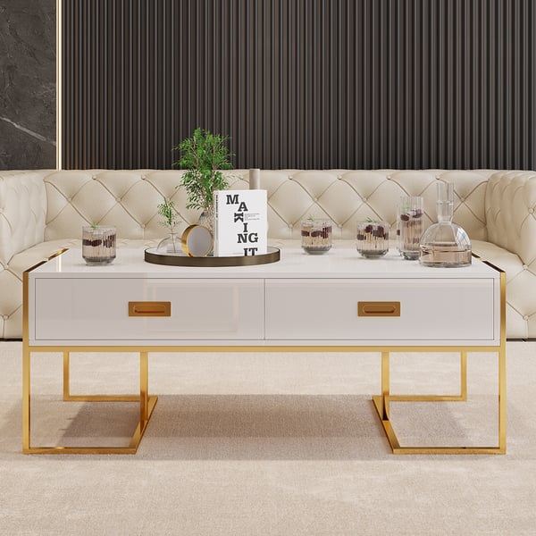Front view of Nikki white coffee table, featuring modern minimalist design for elegant living spaces