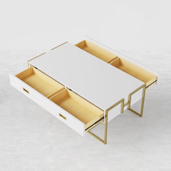 Nikki white coffee table with drawer open, showcasing hidden storage in modern minimalist design