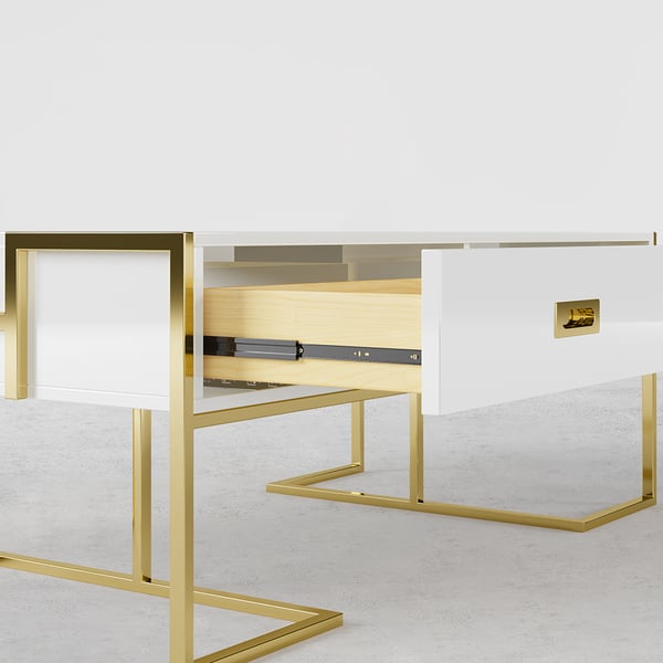 Side drawer open view of Nikki white coffee table, featuring sleek design with hidden storage functionality