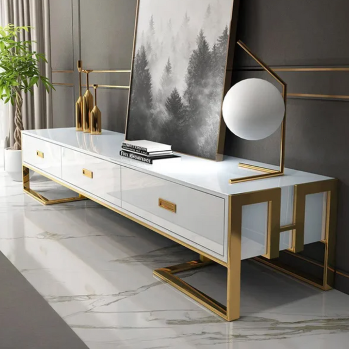 Side view of Nikki TV stand, showcasing modern design and functional storage for contemporary interiors