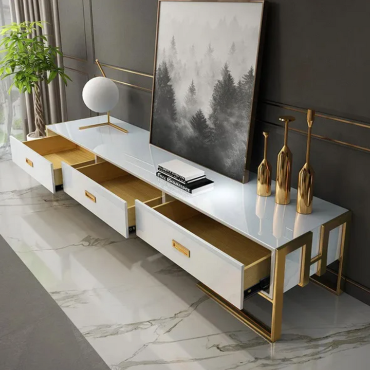 Side view of Nikki TV stand with drawer open, showcasing storage space and modern design details