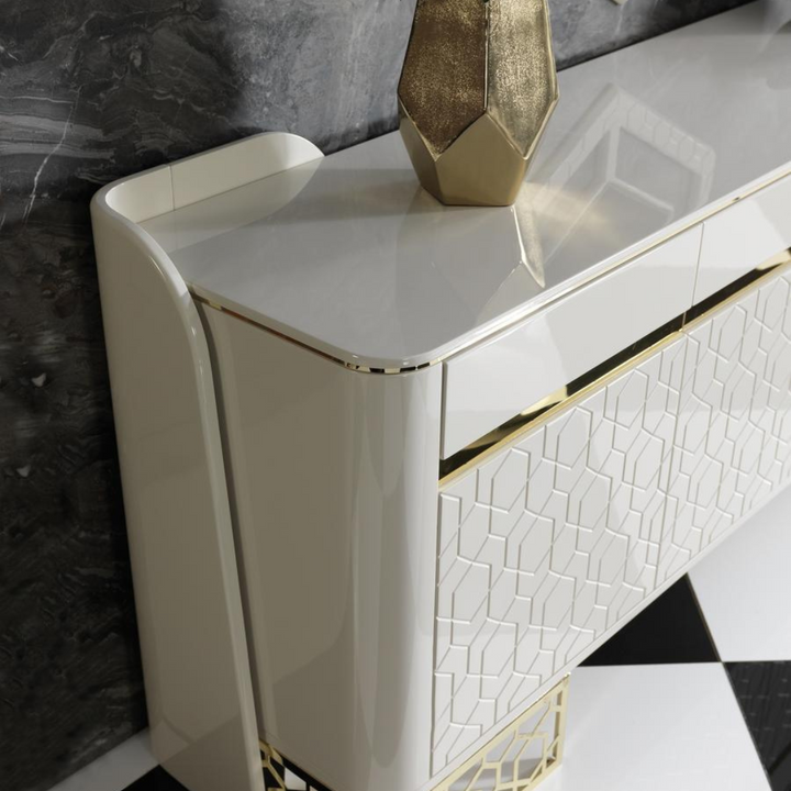 Left side detail of Nordic buffet table, highlighting craftsmanship and minimalist wood design