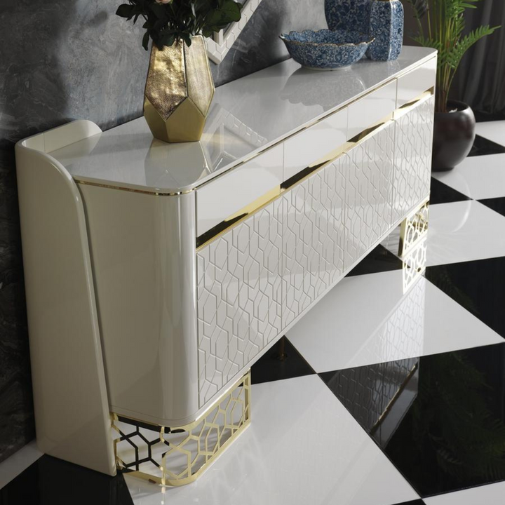 Side view of Nordic buffet table, showcasing minimalist design and elegant wood finish for dining rooms