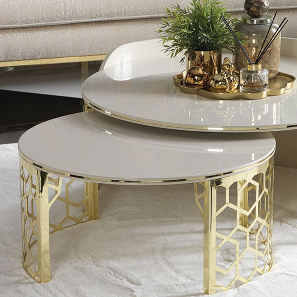 Nordic coffee table with sleek goolden finish in elegant modern living room
