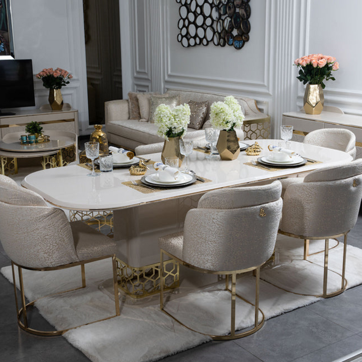 Nordic dining table decorated in dining area beside living room, minimalist and stylish setup
