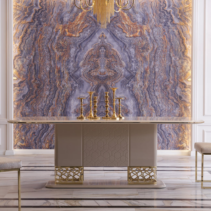 Nordic dining table in front of beautiful wall, minimalist design enhancing stylish dining space