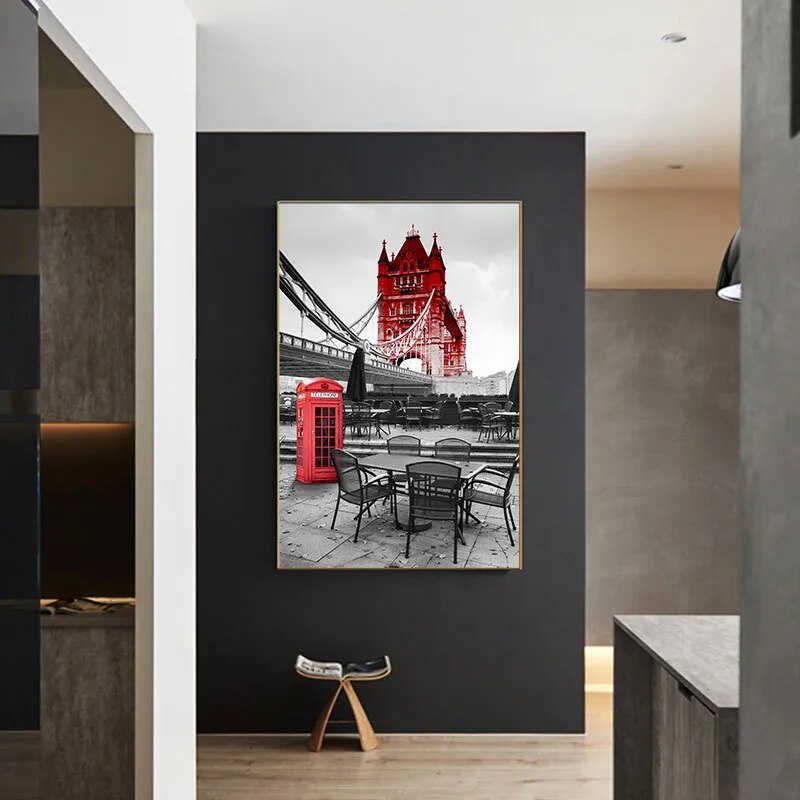 Nordic-style black and white London Bridge canvas print for modern living room decor