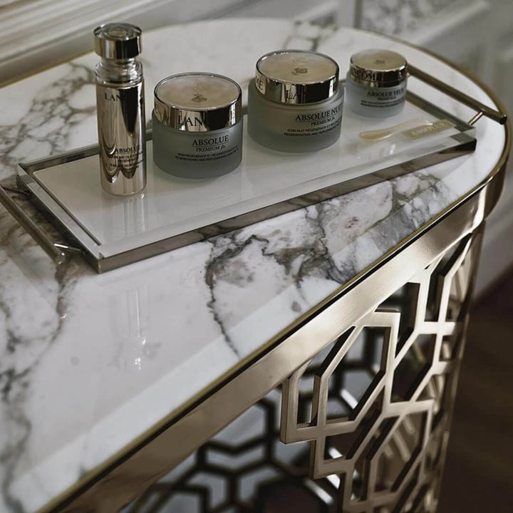 Minimalist Nordic-style console table in elegant interior with decorative accents