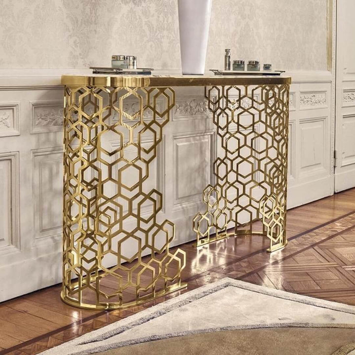 Side view of Nordic console table with elegant minimalist design in modern interior