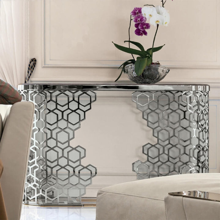 Front view of tabletop and leg joint on Nordic console table with sleek finish