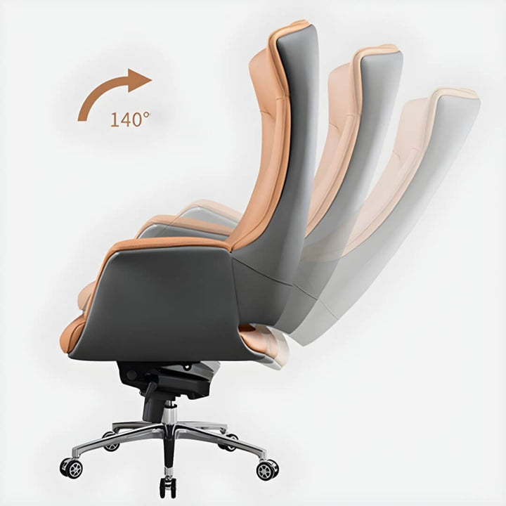 Office chair reclined at 140 degrees, showcasing ergonomic design and comfortable backrest support