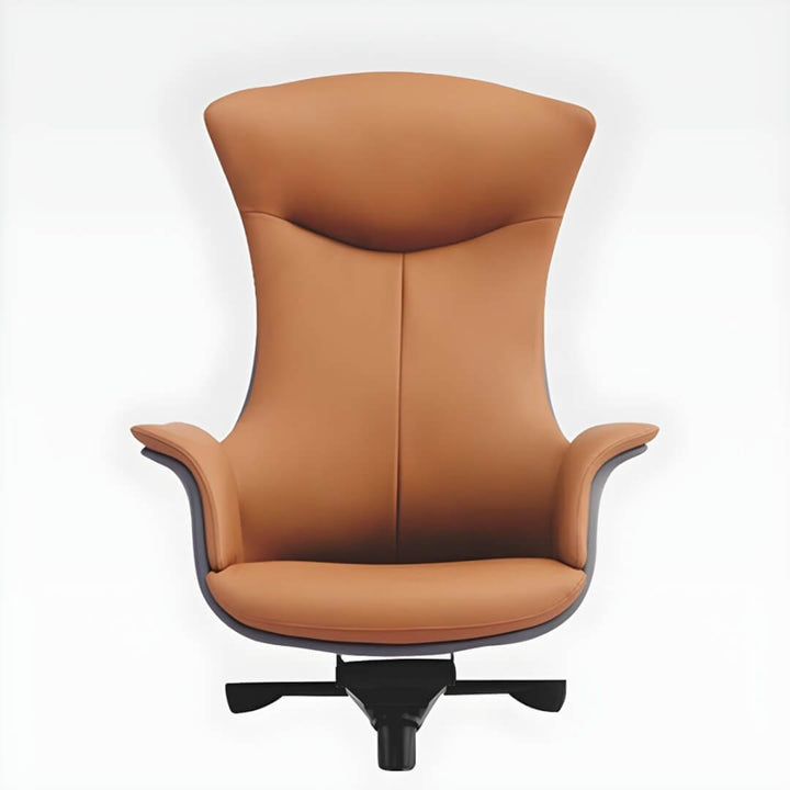 Front view of ergonomic office chair with elegant black upholstery and adjustable armrests for comfort