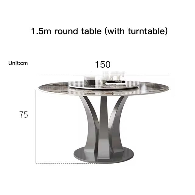 echnical diagram of Orbit Luxe 1.5m round dining table with built-in turntable, showing dimensions and structural details