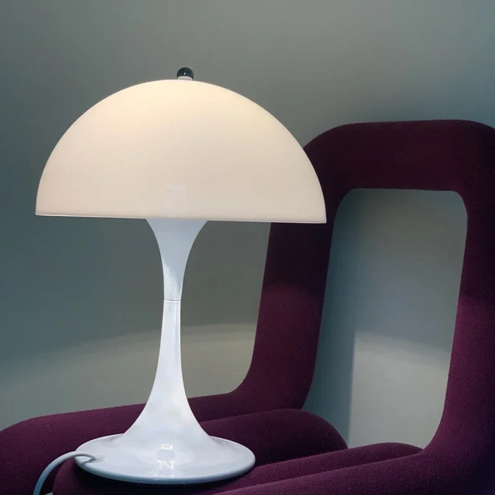 Orelli umbrella-shaped LED bedside table light in white, sleek modern design with soft ambient glow