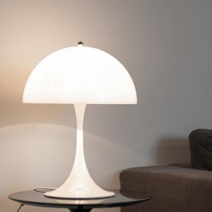 Orelli umbrella-shaped LED bedside table light turned on, providing warm and stylish ambient lighting