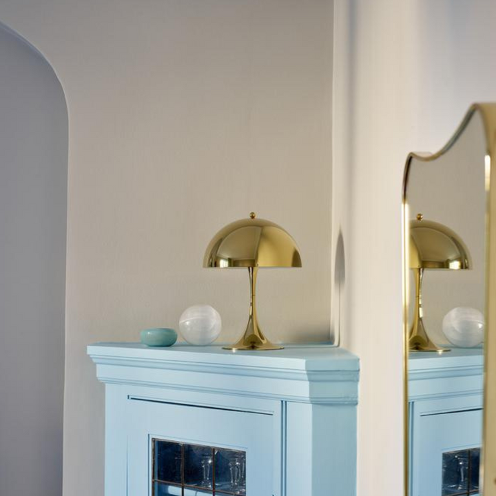 Orelli umbrella-shaped LED bedside table light with golden finish, elegant modern ambient lighting