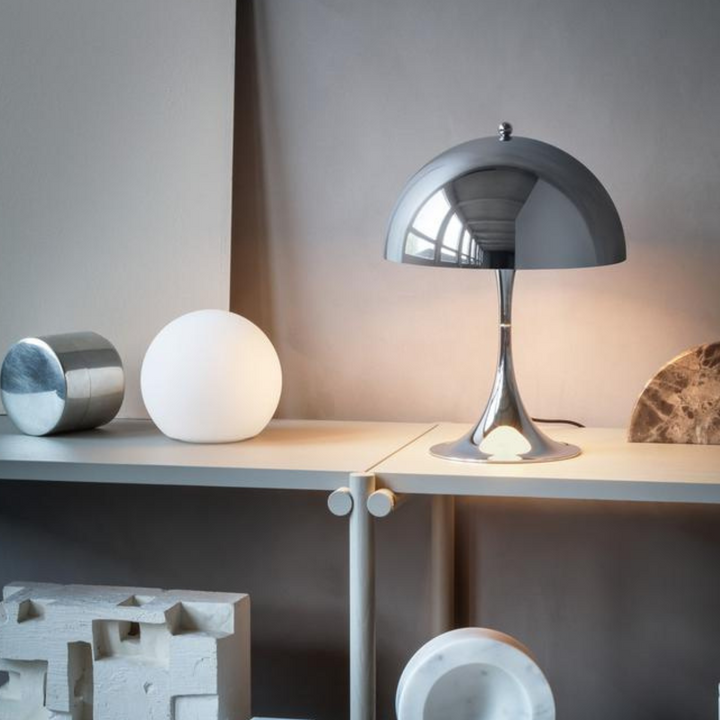 Orelli umbrella-shaped LED bedside table light with silver finish, sleek modern design and ambient glow