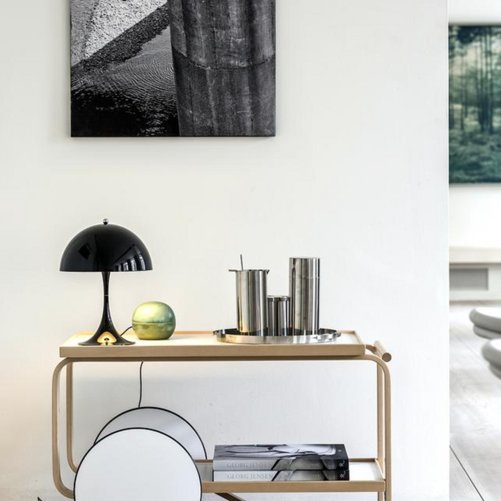 Orelli umbrella-shaped LED bedside table light in black, modern sleek design with soft ambient lighting