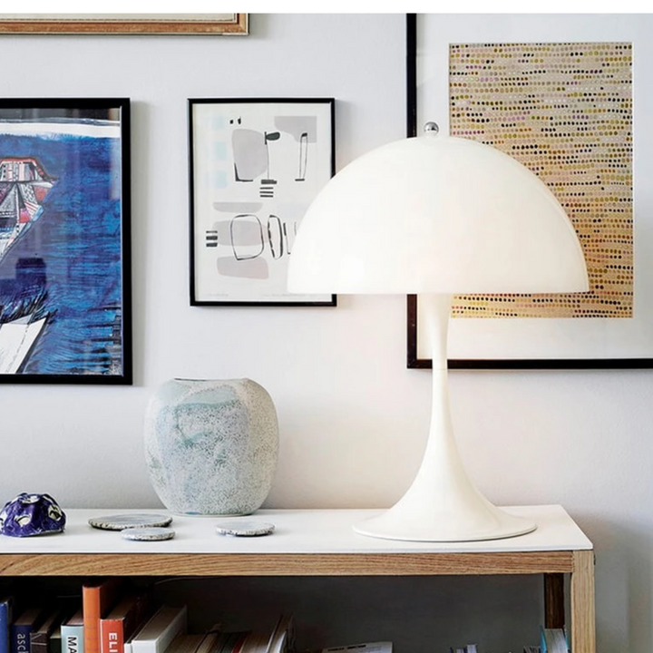 Close view of Orelli umbrella-shaped LED bedside table light, showcasing detailed modern design