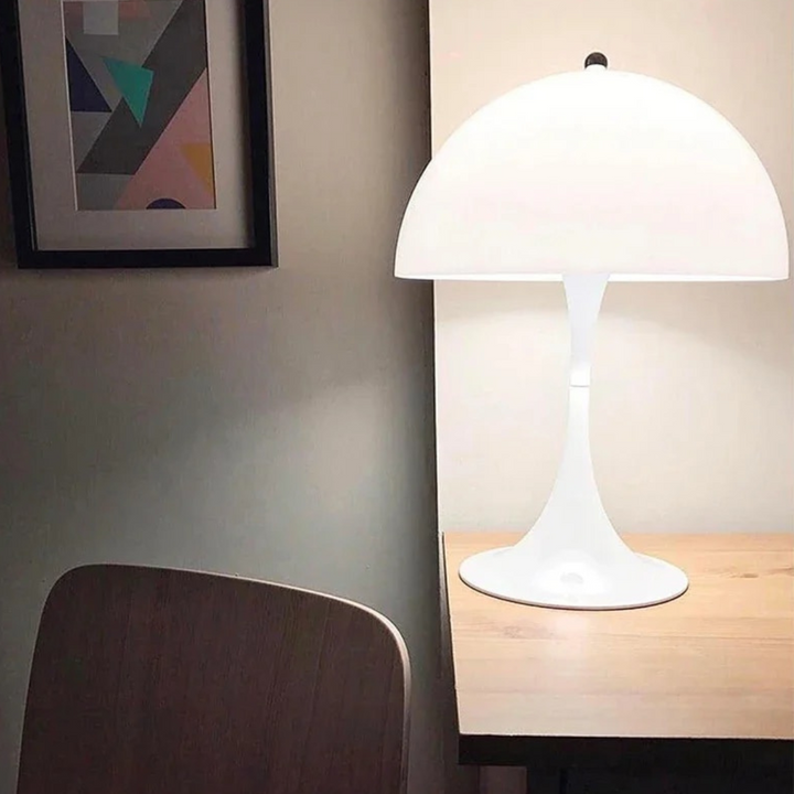 Close-up of Orelli umbrella-shaped LED bedside table light, highlighting sleek modern design details