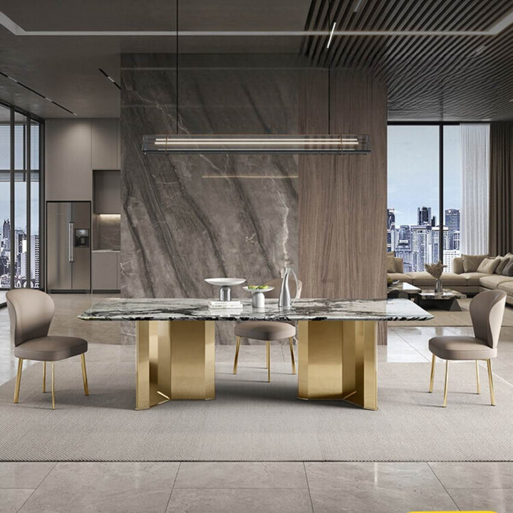 Front view of Pandora dining table featuring sleek modern design with clean lines and a polished surface, ideal for contemporary dining spaces