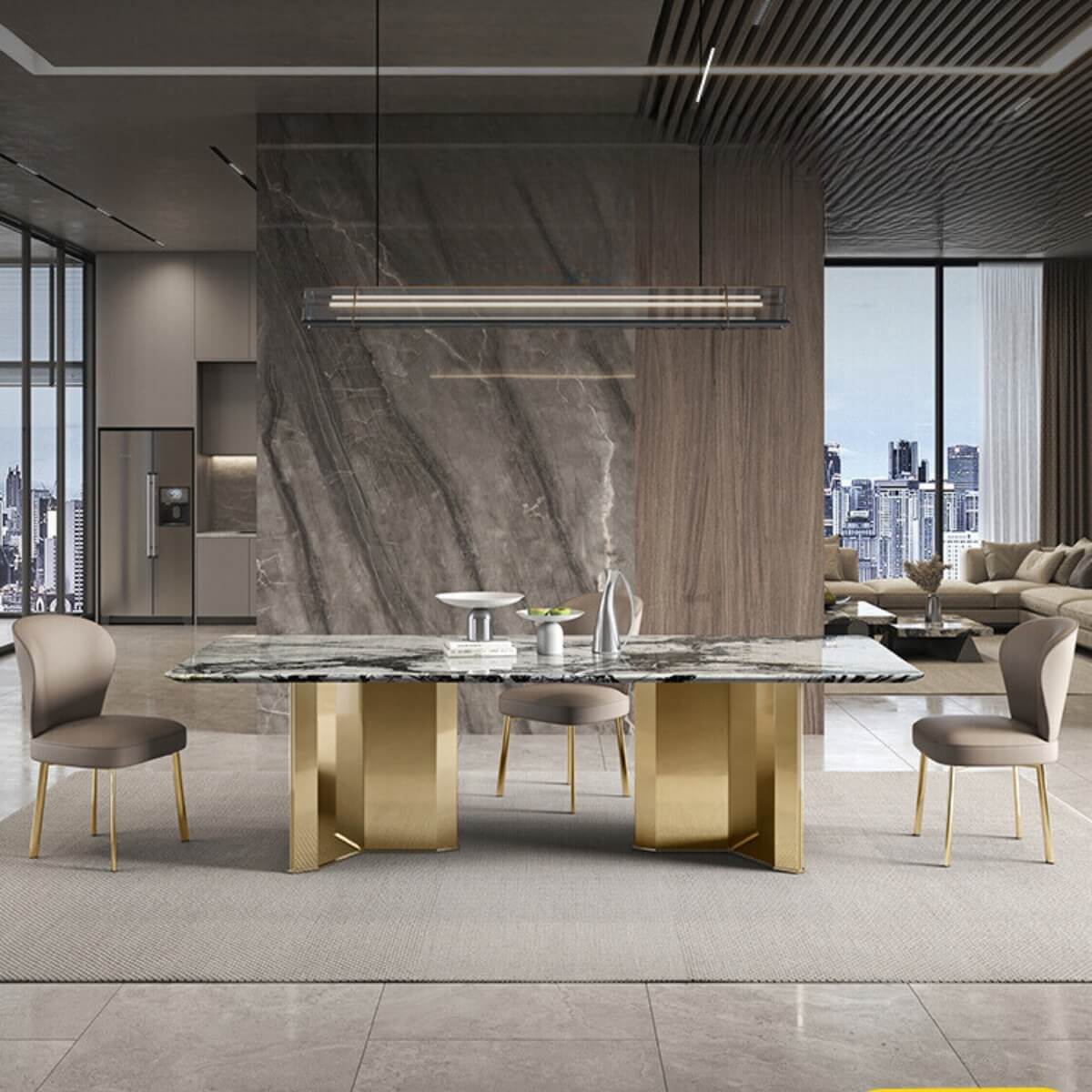 Front view of Pandora dining table featuring sleek modern design with clean lines and a polished surface, ideal for contemporary dining spaces