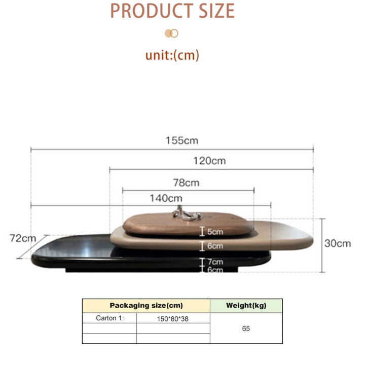 Technical diagram of pebble-shaped coffee table showing measurements, design structure, and assembly details
