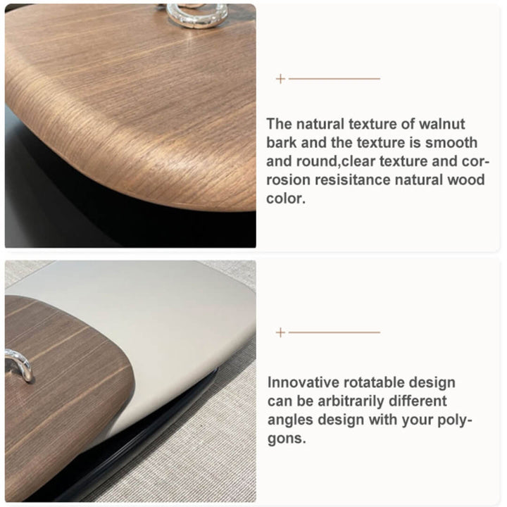 Pebble-shaped coffee table featuring natural walnut bark texture with smooth, rounded surface, clear wood grain, and corrosion-resistant natural wood finish