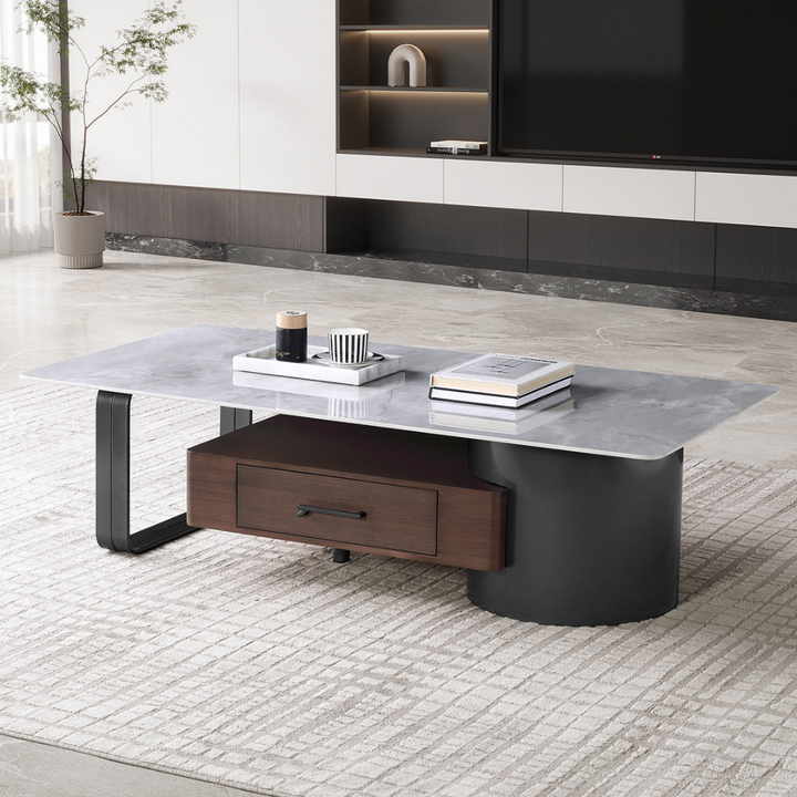 Preston coffee table in living room, featuring marble top and sleek modern design for elegant interiors