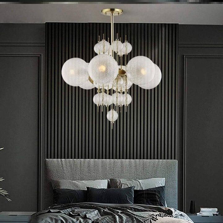 Prism chandelier light in Australian bedroom, adding modern elegance and soft ambient lighting to the space