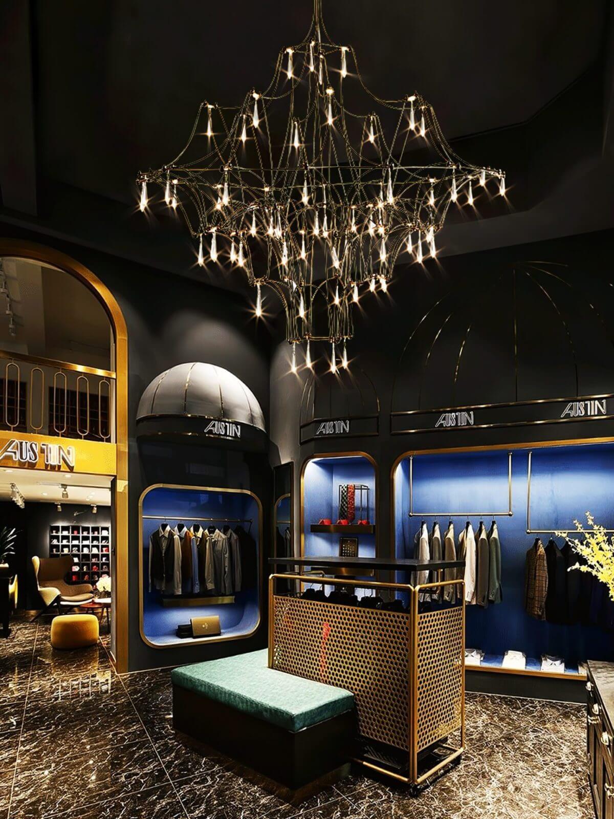 Prism premium Asfour crystal chandelier displayed in elegant shopping store interior, adding luxury and sophistication to the retail space