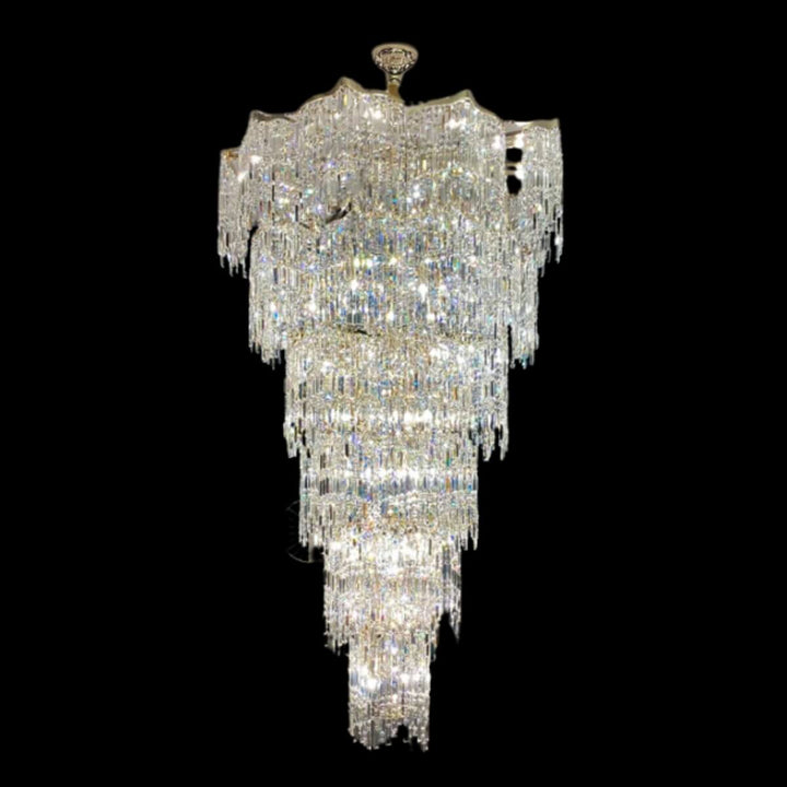 Front view of RainDrop large chandelier featuring K9 crystals against a black background, showcasing elegant sparkling design