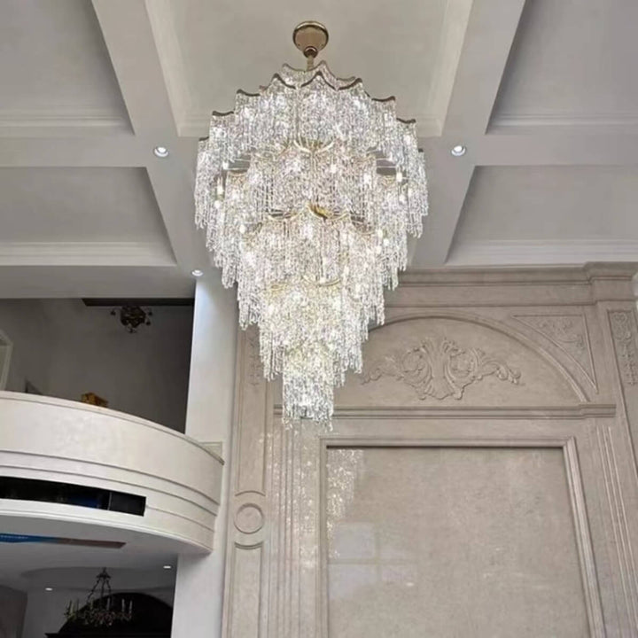 Below view of RainDrop large chandelier showcasing intricate K9 crystal arrangement and elegant design details