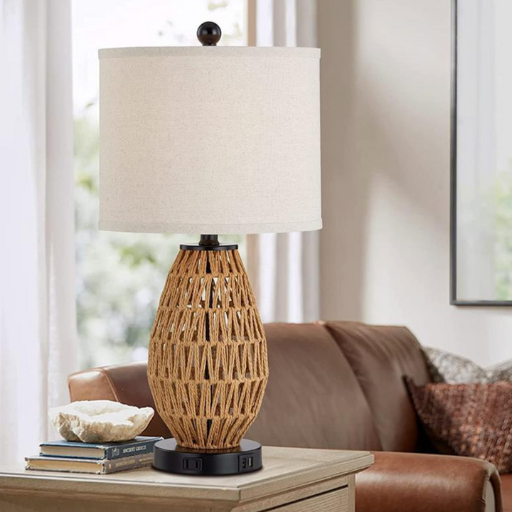 Stylish rattan lamp featuring white shade and brown natural rattan base