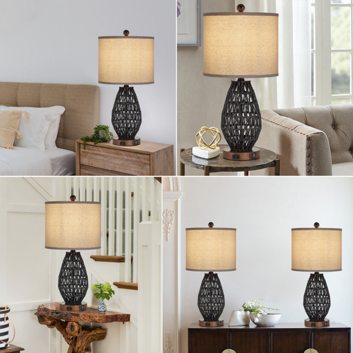 Stylish table lamp featuring white shade and black stand with rattan design