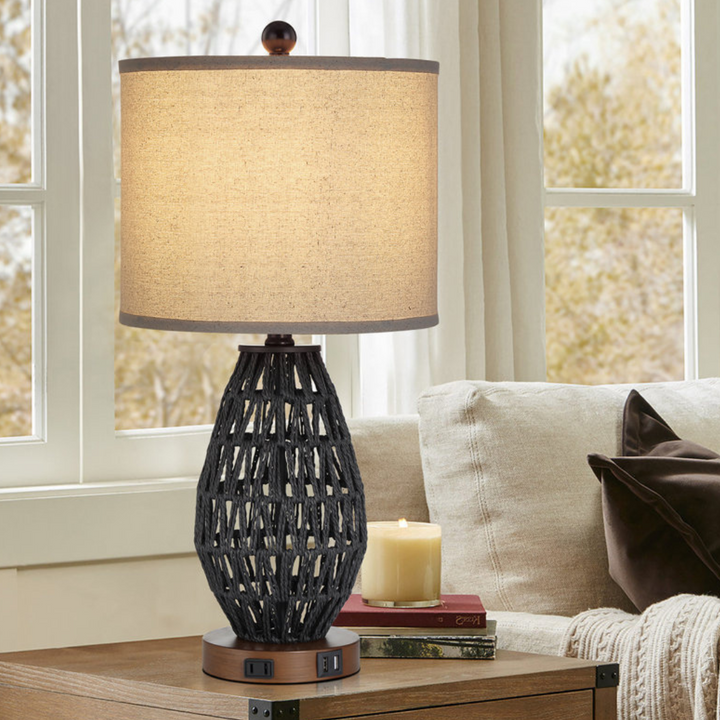 Modern table lamp with stylish rattan shade and natural finish