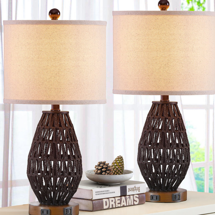 Modern table lamp with woven rattan shade and natural finish