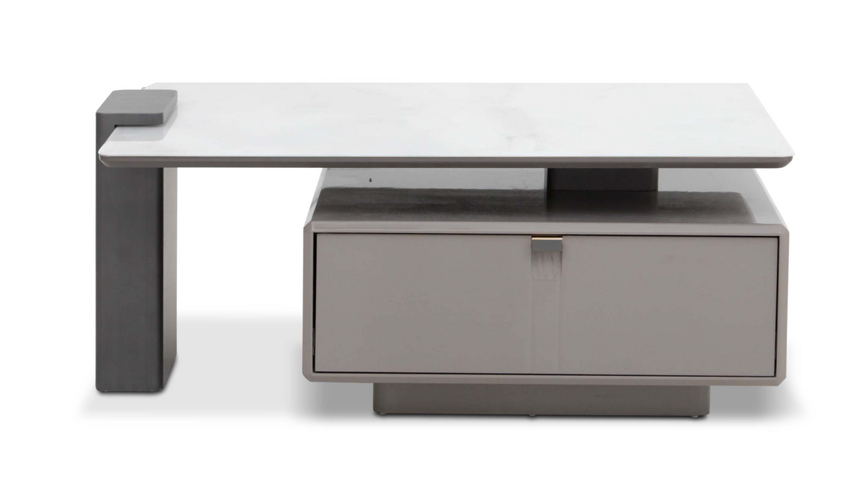 Front view of Salford rotating coffee table with stone top.